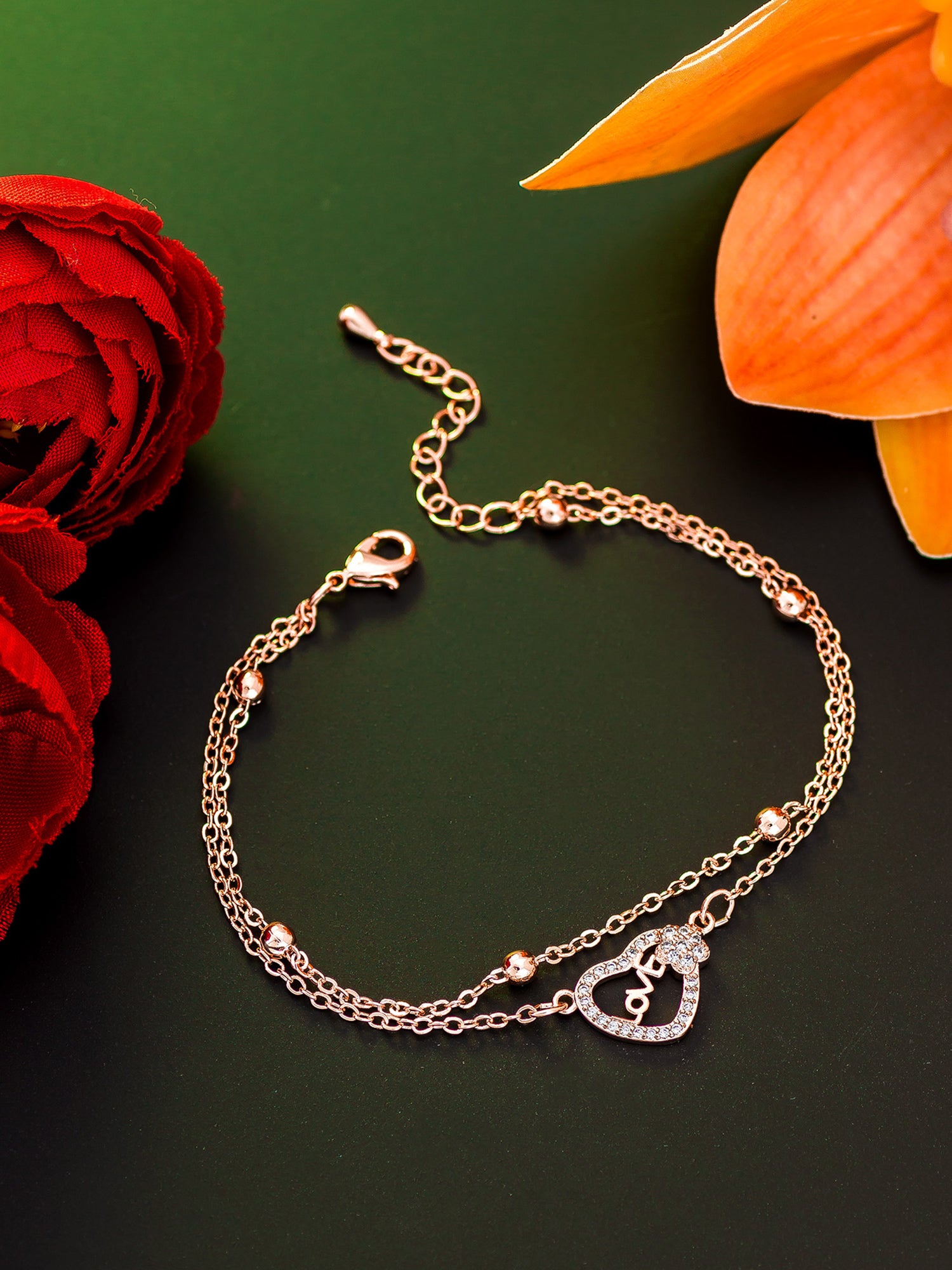 Aadita Rose Gold Double Chain Love Heart Bracelet