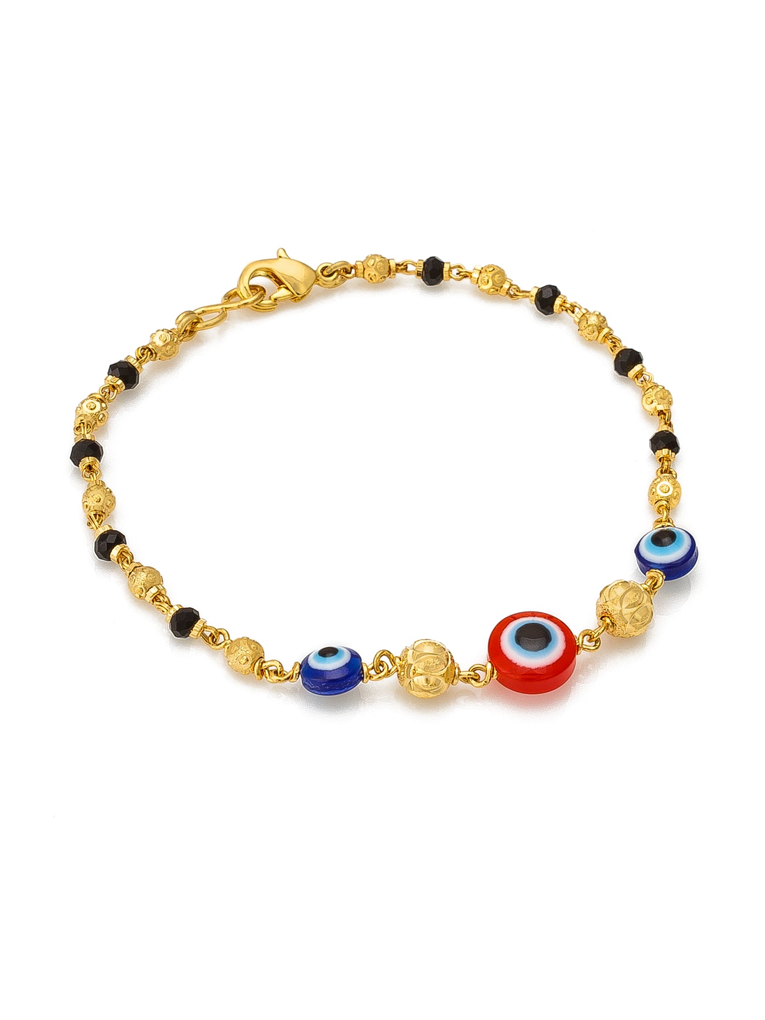 Aadita Gold Plated Black Bead Bracelet with Multicolor Evil Eye Charms