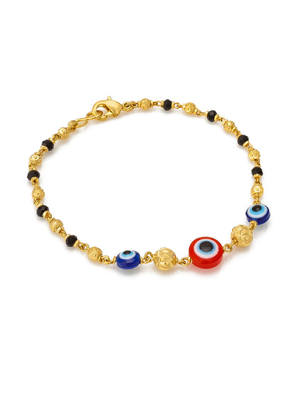 Aadita Gold Plated Black Bead Bracelet with Multicolor Evil Eye Charms