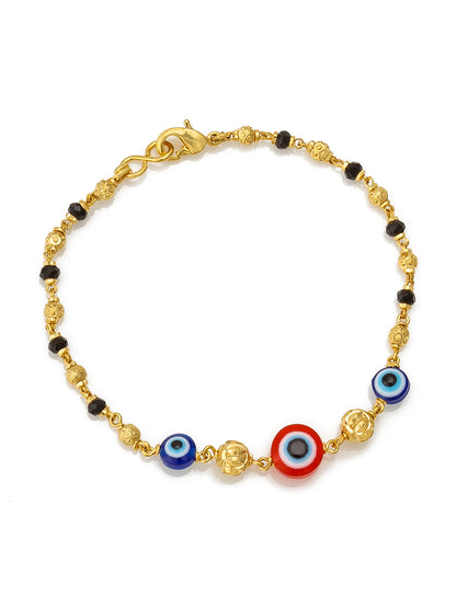 Aadita Gold Plated Black Bead Bracelet with Multicolor Evil Eye Charms
