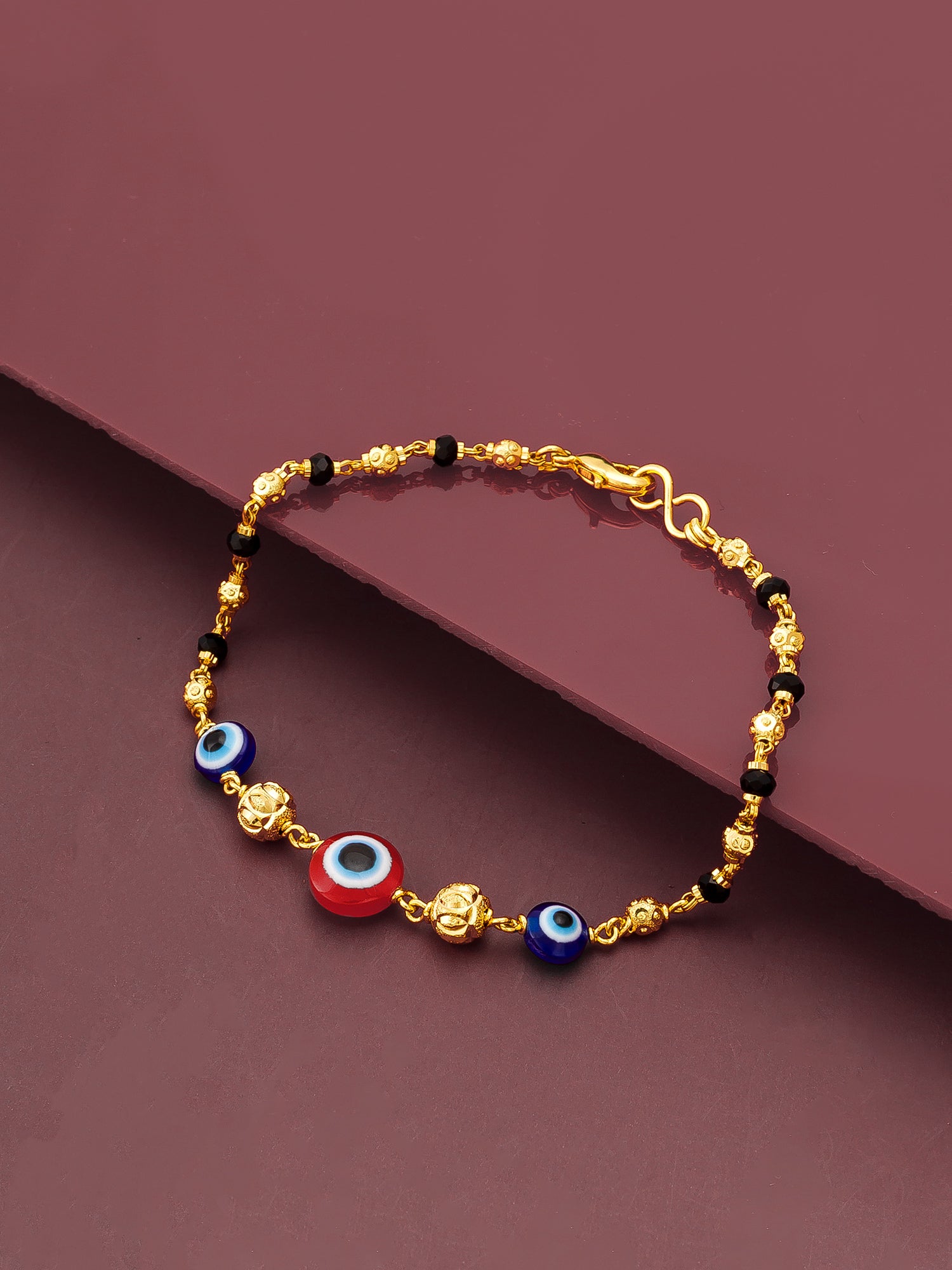 Aadita Gold Plated Black Bead Bracelet with Multicolor Evil Eye Charms