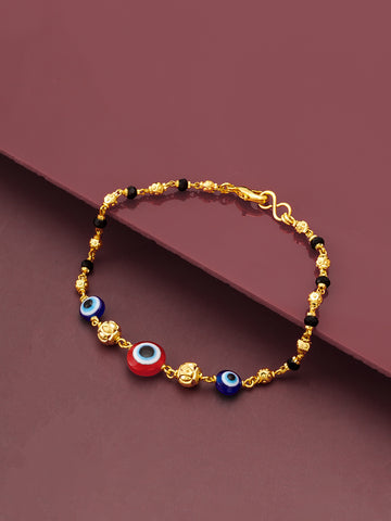 Aadita Gold Plated Black Bead Bracelet with Multicolor Evil Eye Charms