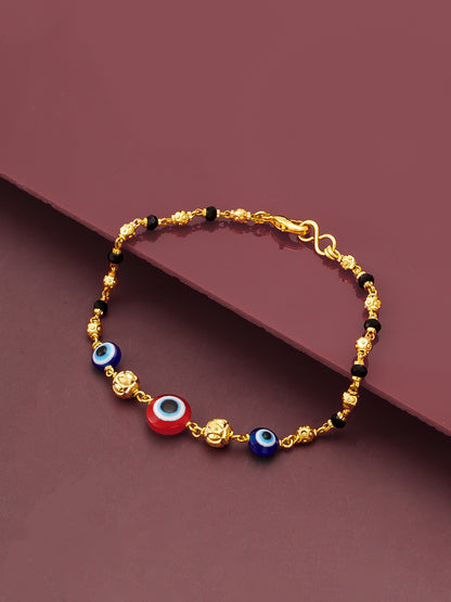 Aadita Gold Plated Black Bead Bracelet with Multicolor Evil Eye Charms
