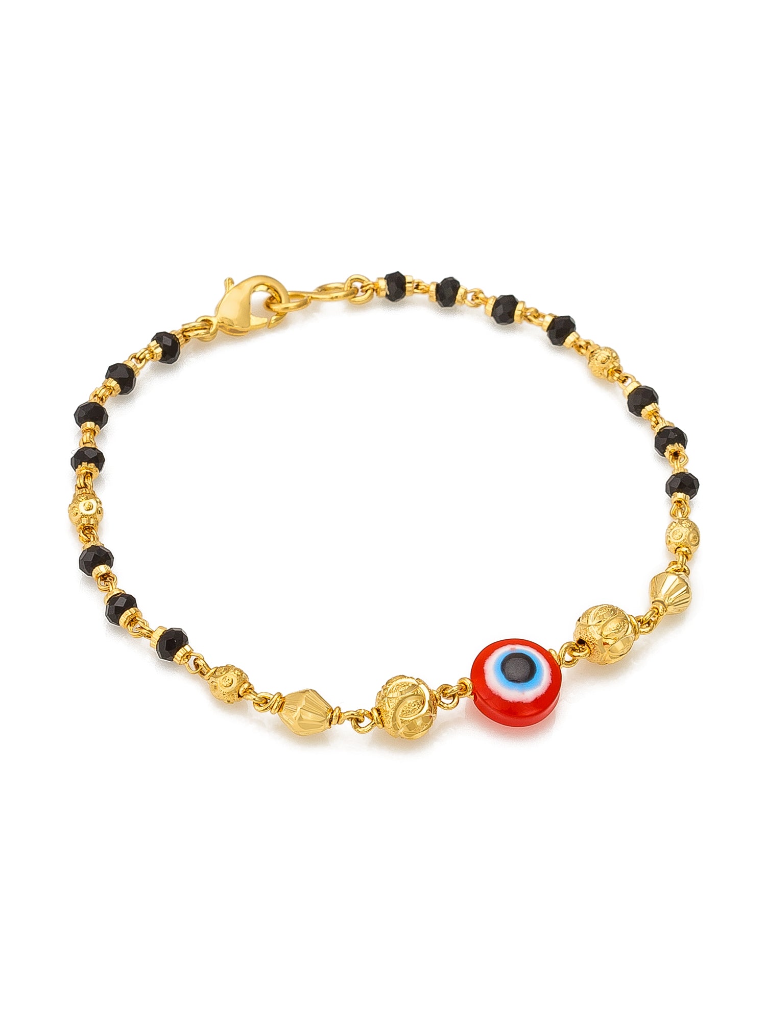 Aadita Gold Plated Black Bead Red Evil Eye Bracelet