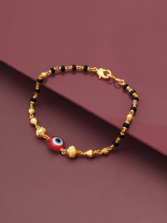 Aadita Gold Plated Black Bead Red Evil Eye Bracelet
