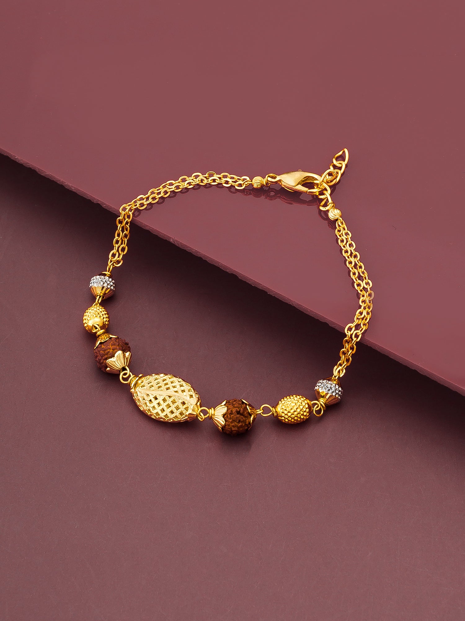 Aadita Gold Plated Rudraksha and Textured Bead Double Chain Bracelet