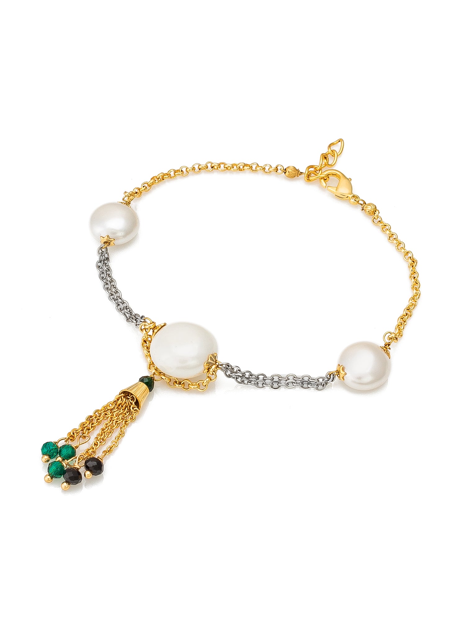 Aadita Dual Tone Pearl Bracelet with Green and Black Beaded Tassel
