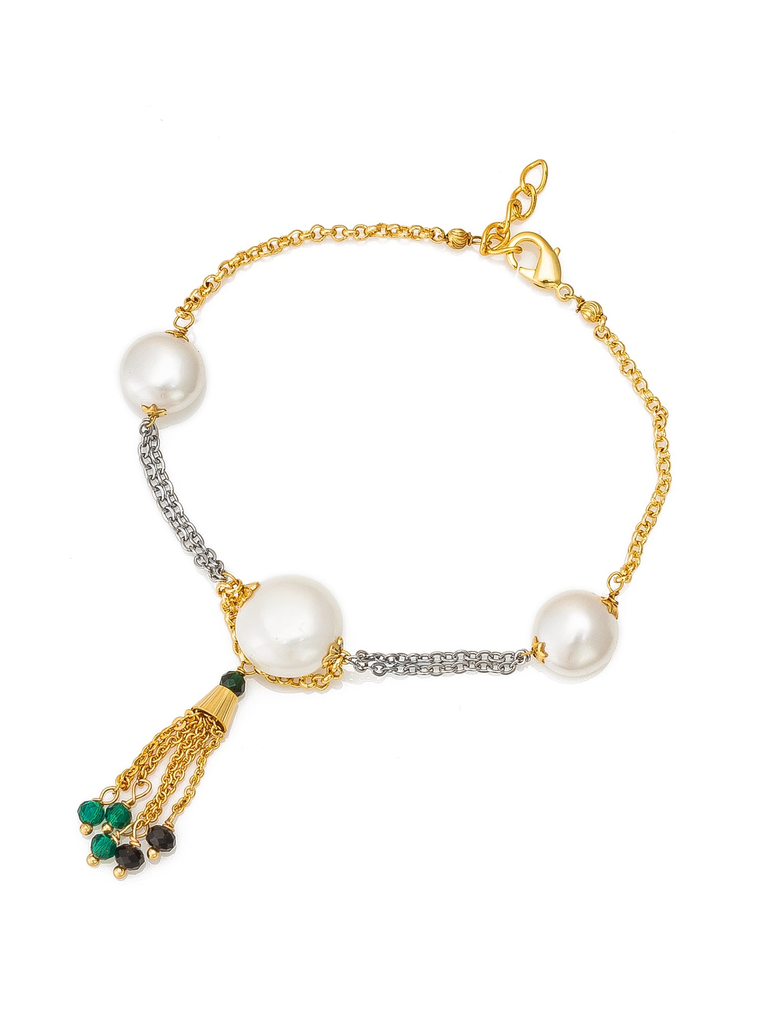 Aadita Dual Tone Pearl Bracelet with Green and Black Beaded Tassel