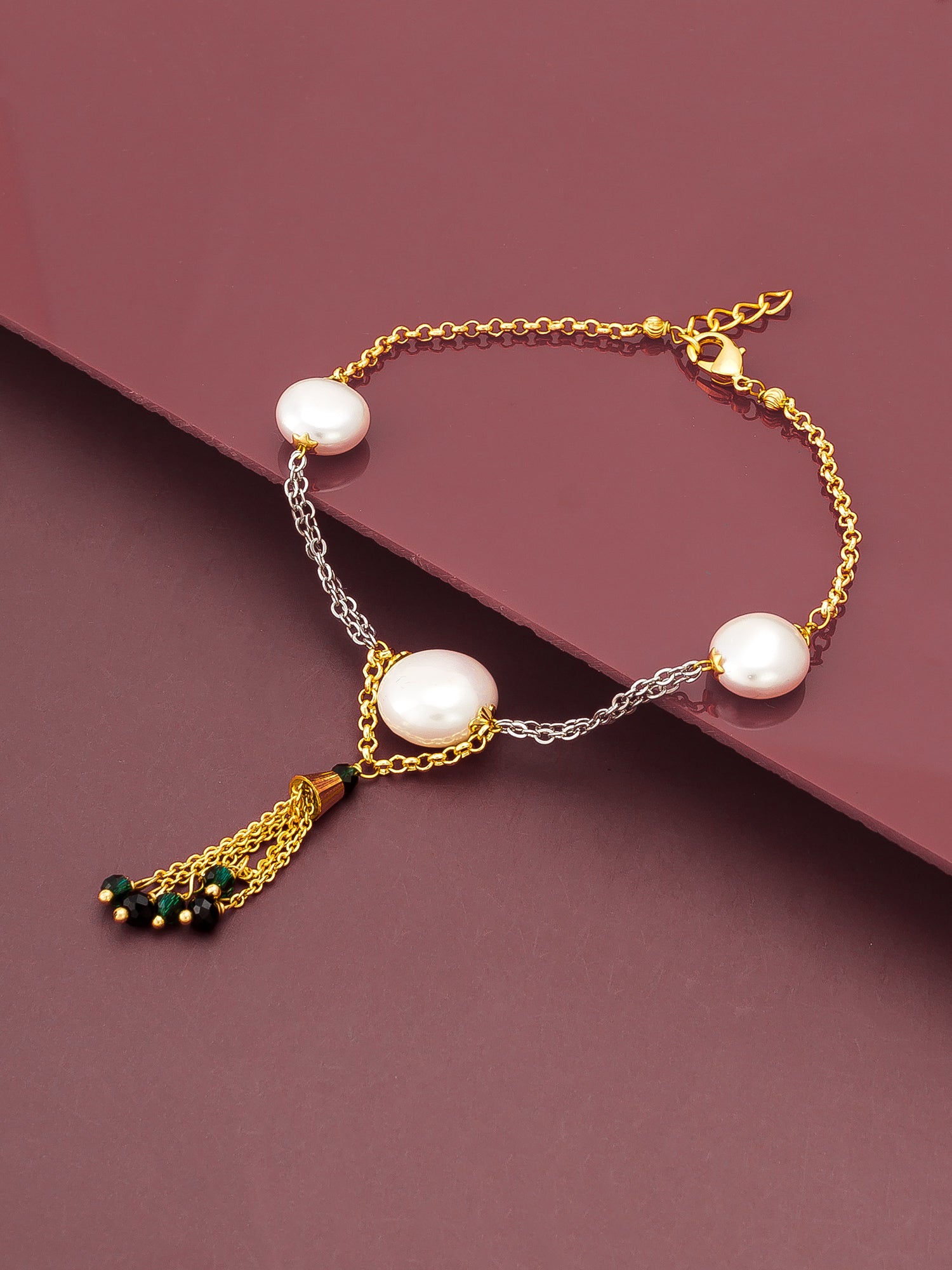 Aadita Dual Tone Pearl Bracelet with Green and Black Beaded Tassel