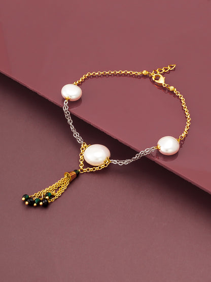 Aadita Dual Tone Pearl Bracelet with Green and Black Beaded Tassel