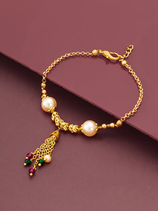 Aadita Gold Plated Pearl Chain Bracelet with Colorful Tassel