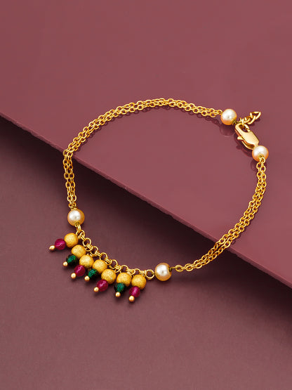 Aadita Double Chain Gold Bracelet with Beaded Charm Drop