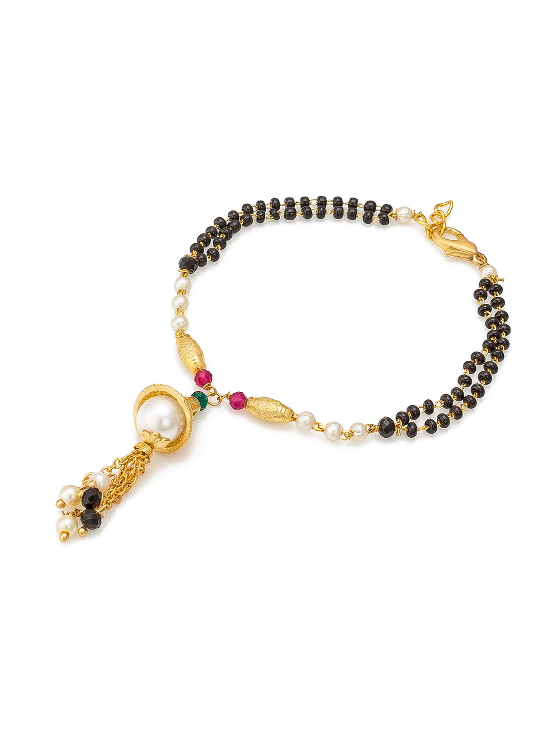 Layered Black Bead and Pearl Mangalsutra Bracelet with Tassel