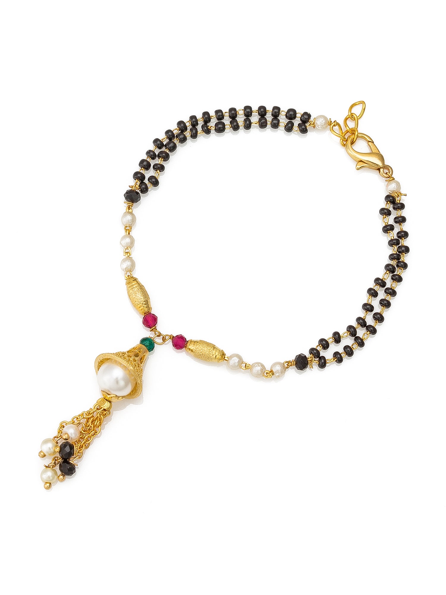 Aadita Layered Black Bead and Pearl Mangalsutra Bracelet with Tassel