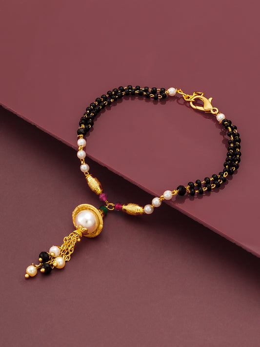 Aadita Layered Black Bead and Pearl Mangalsutra Bracelet with Tassel