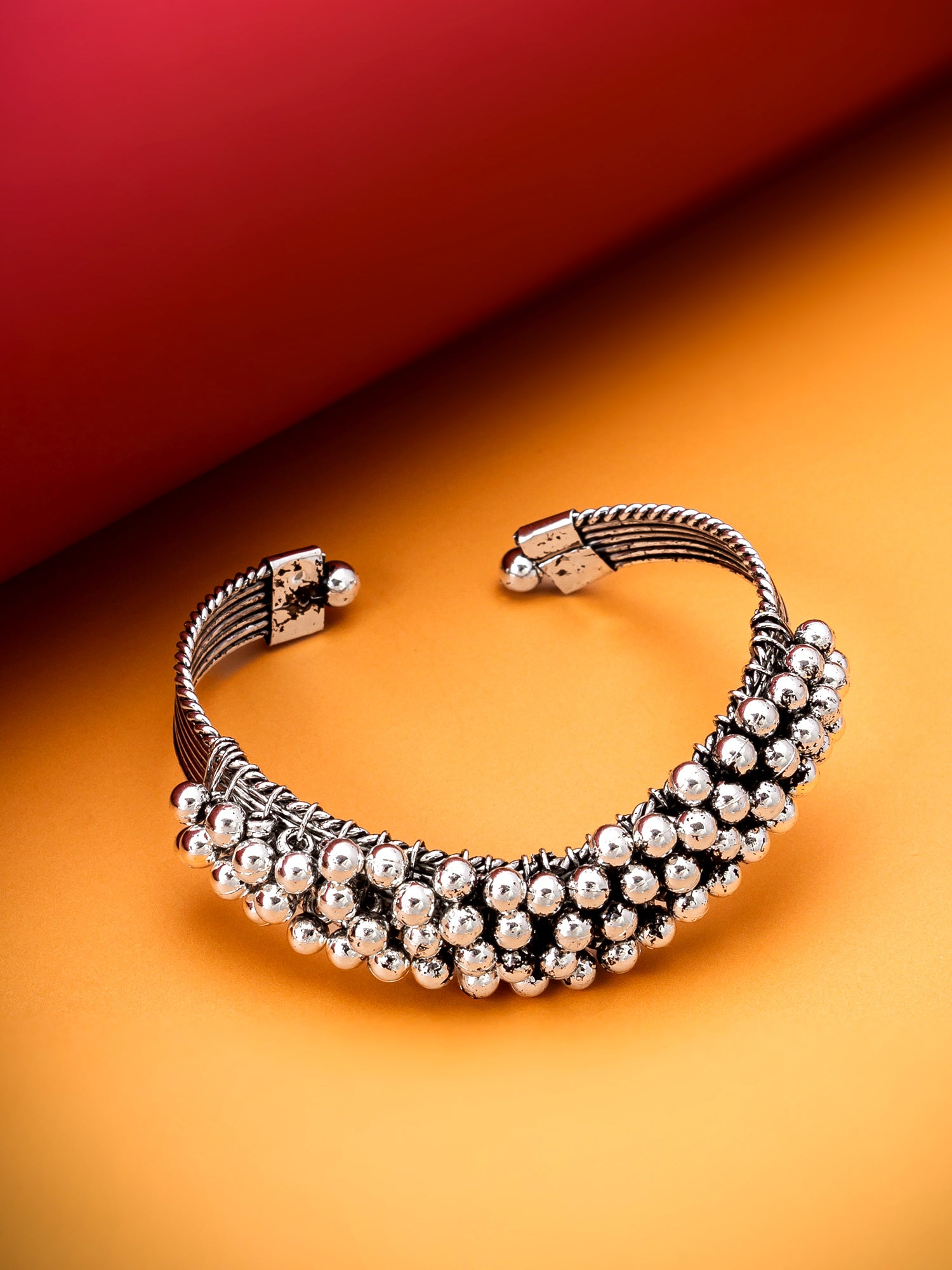 Aadita Oxidized Silver Beaded Cuff Bracelet