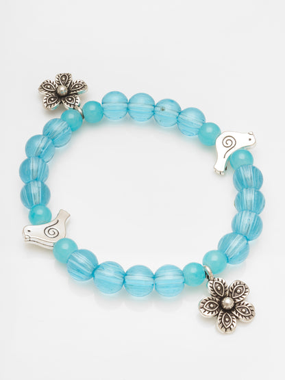 Aadita Blue Beaded Charm Bracelet with Floral Accents