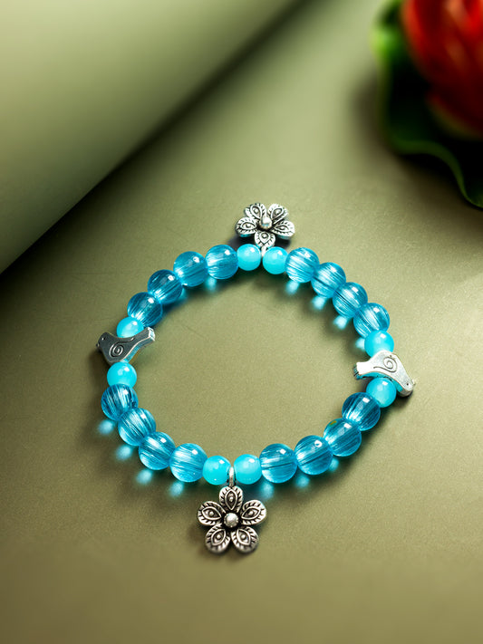 Aadita Blue Beaded Charm Bracelet with Floral Accents