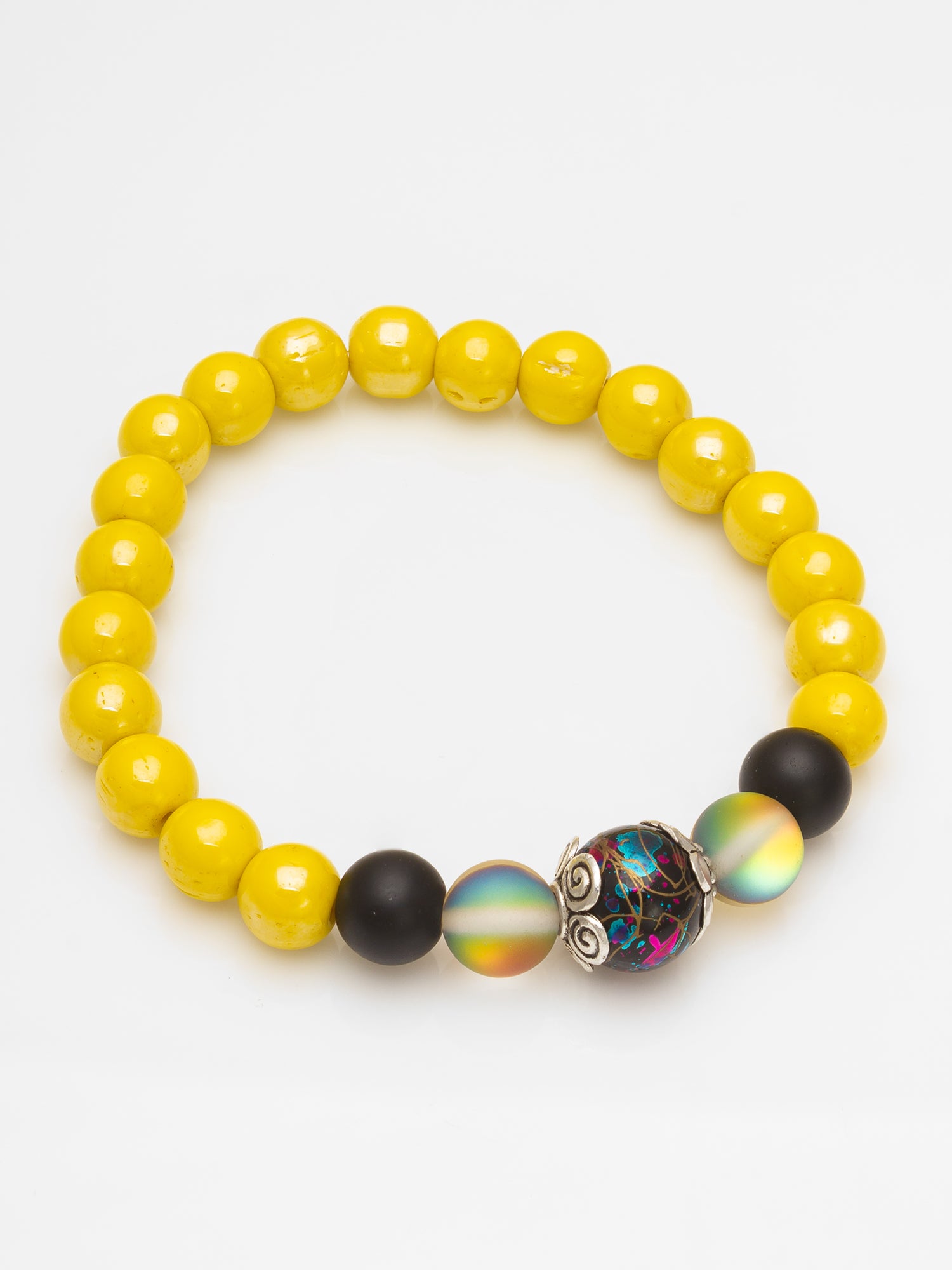 Aadita Vibrant Yellow Beaded Bracelet with Iridescent Center