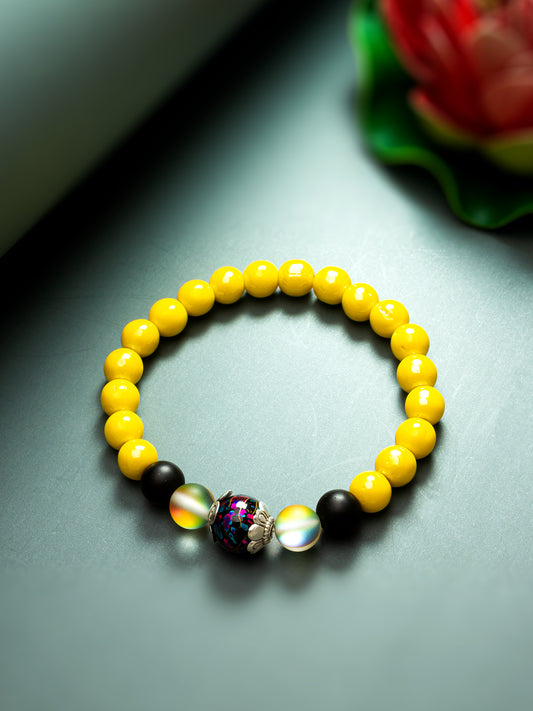 Aadita Vibrant Yellow Beaded Bracelet with Iridescent Center