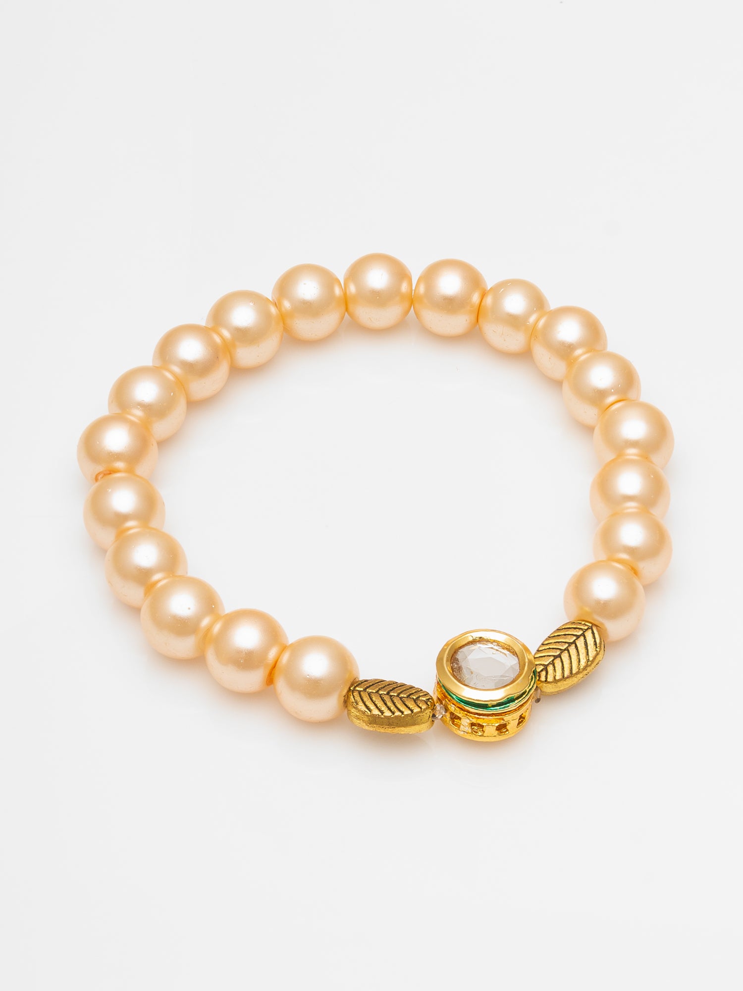 Aadita Pearl Beaded Bracelet with Gold Tone Leaf Motif