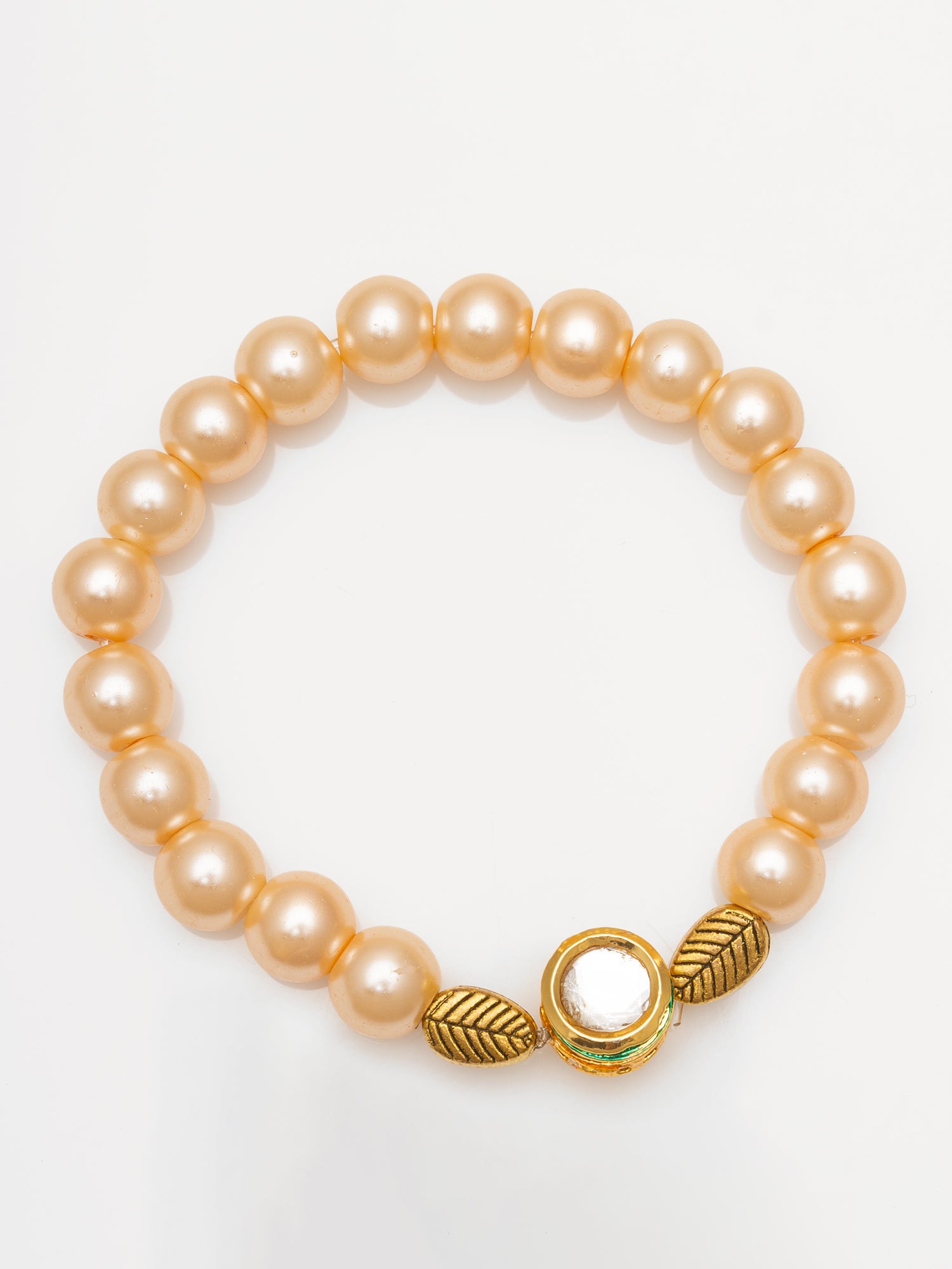 Aadita Pearl Beaded Bracelet with Gold Tone Leaf Motif
