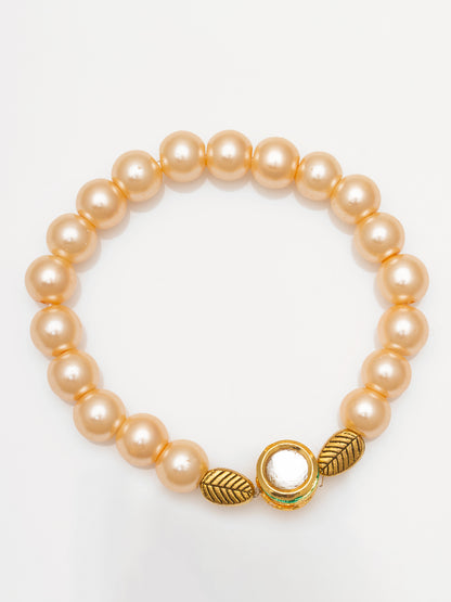 Aadita Pearl Beaded Bracelet with Gold Tone Leaf Motif