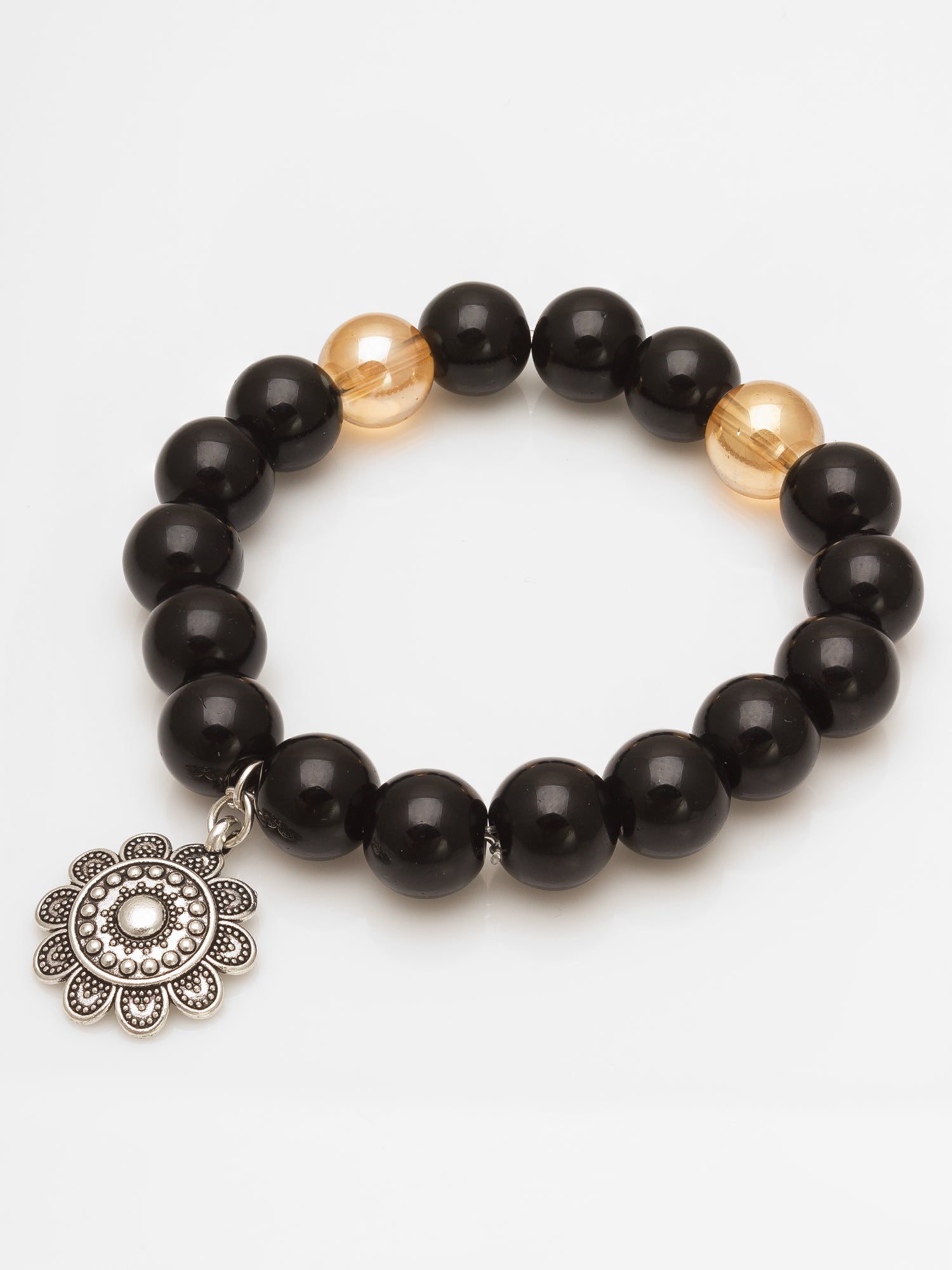 Aadita Black Beaded Bracelet with Silver Floral Charm