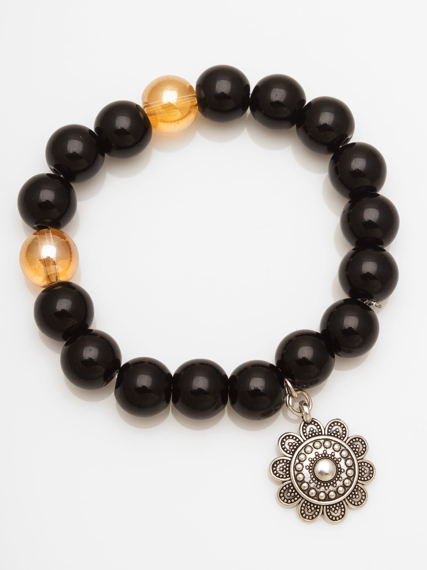 Aadita Black Beaded Bracelet with Silver Floral Charm