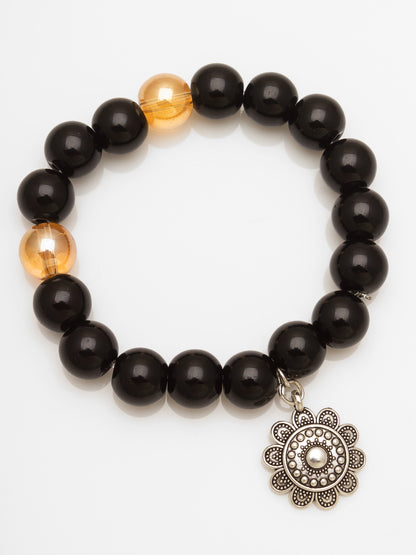 Aadita Black Beaded Bracelet with Silver Floral Charm