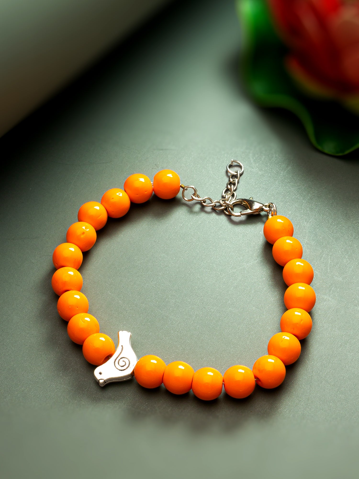 Aadita Bright Orange Beaded Bird Charm Bracelet
