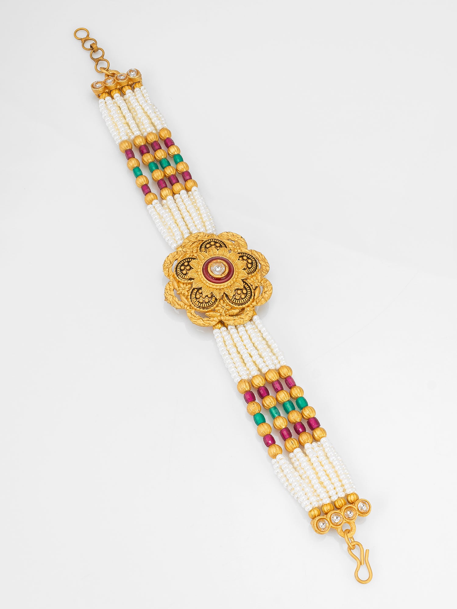 Aadita Premium Pearl Multi-Strand Bracelet with Enamel Floral Motif