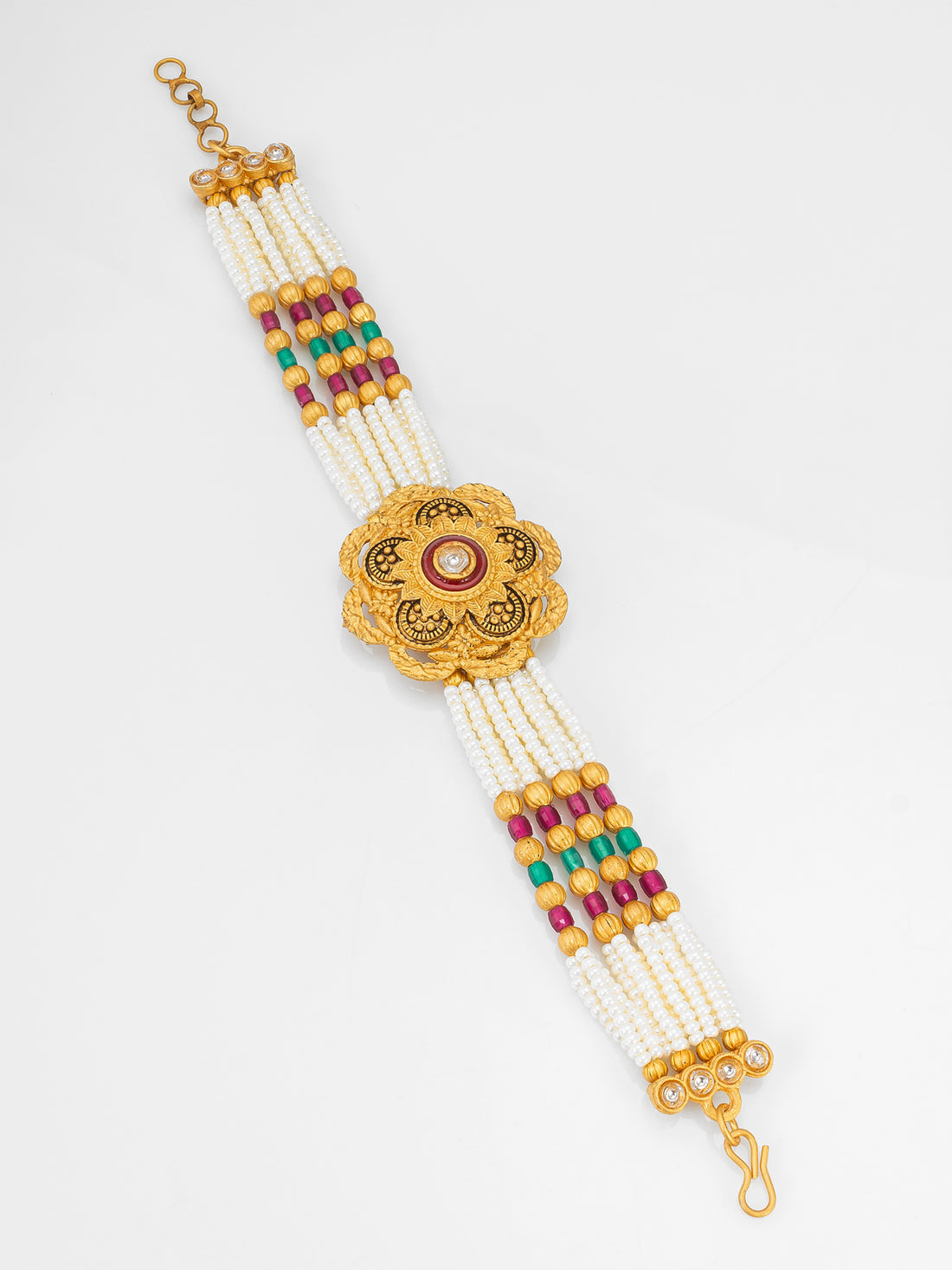 Aadita Premium Pearl Multi-Strand Bracelet with Enamel Floral Motif