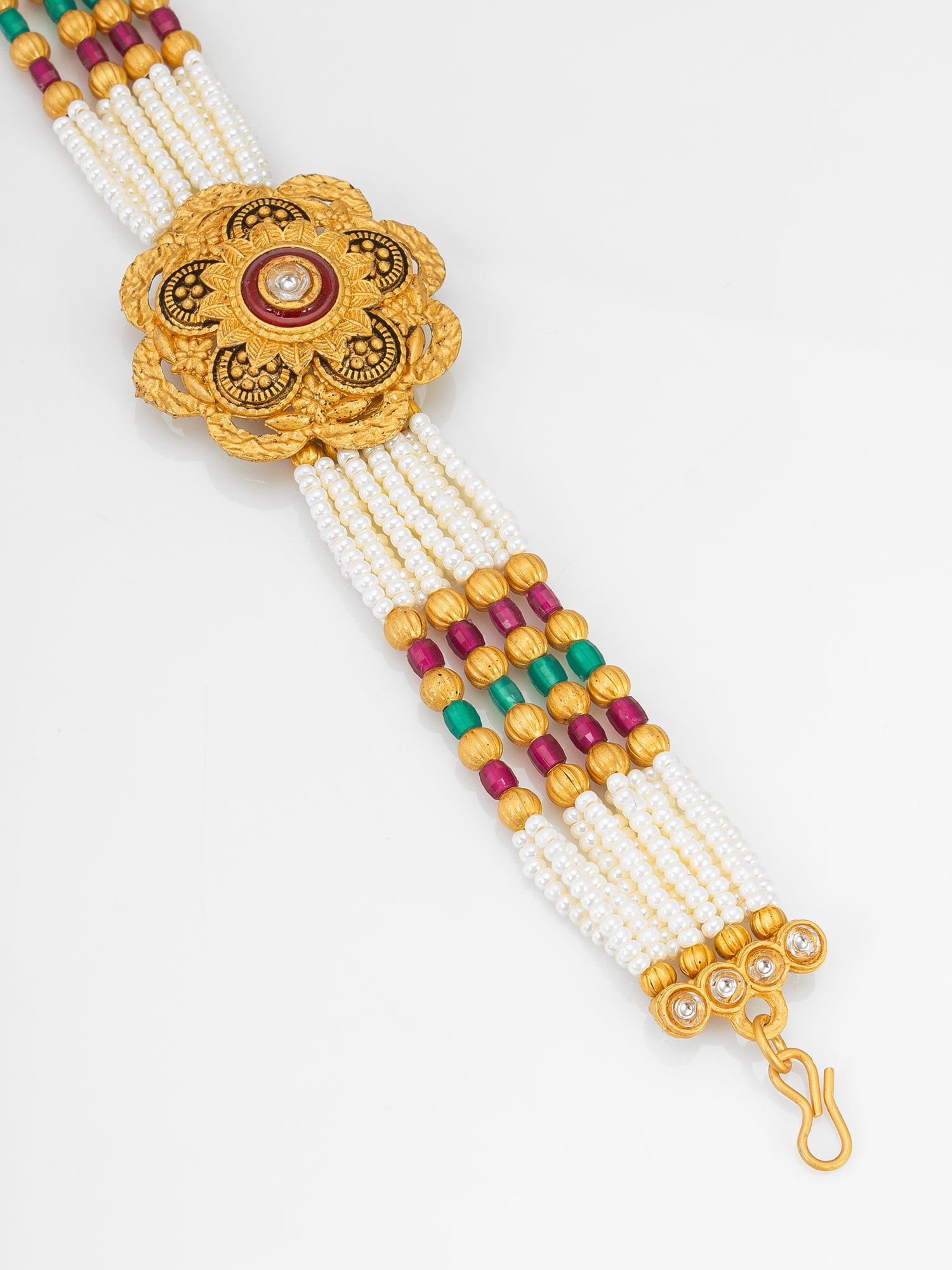 Aadita Premium Pearl Multi-Strand Bracelet with Enamel Floral Motif