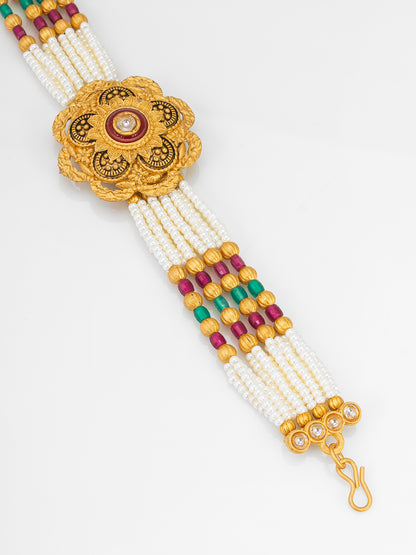 Aadita Premium Pearl Multi-Strand Bracelet with Enamel Floral Motif