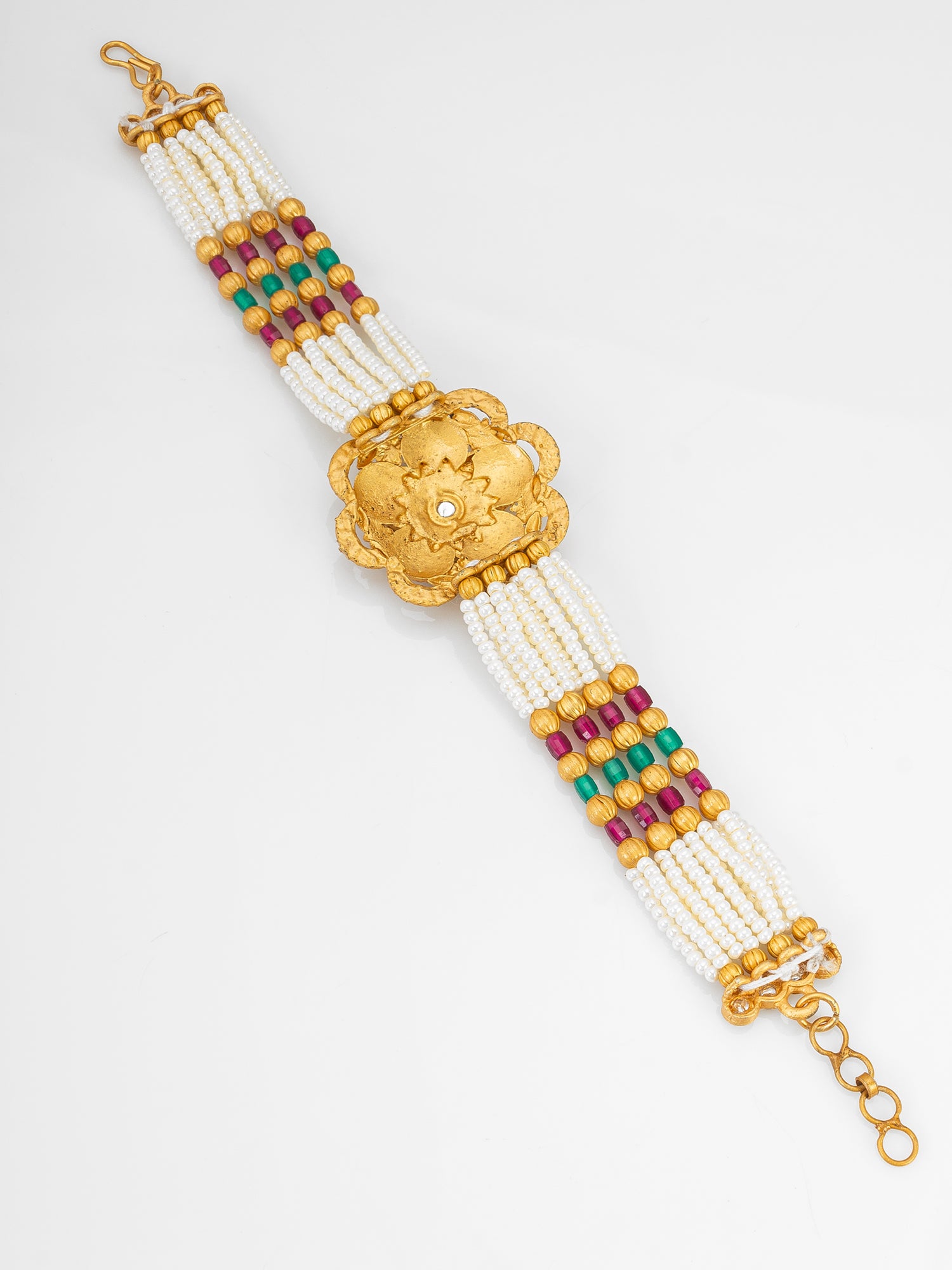 Aadita Premium Pearl Multi-Strand Bracelet with Enamel Floral Motif