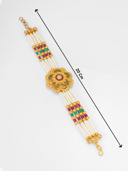 Aadita Premium Pearl Multi-Strand Bracelet with Enamel Floral Motif