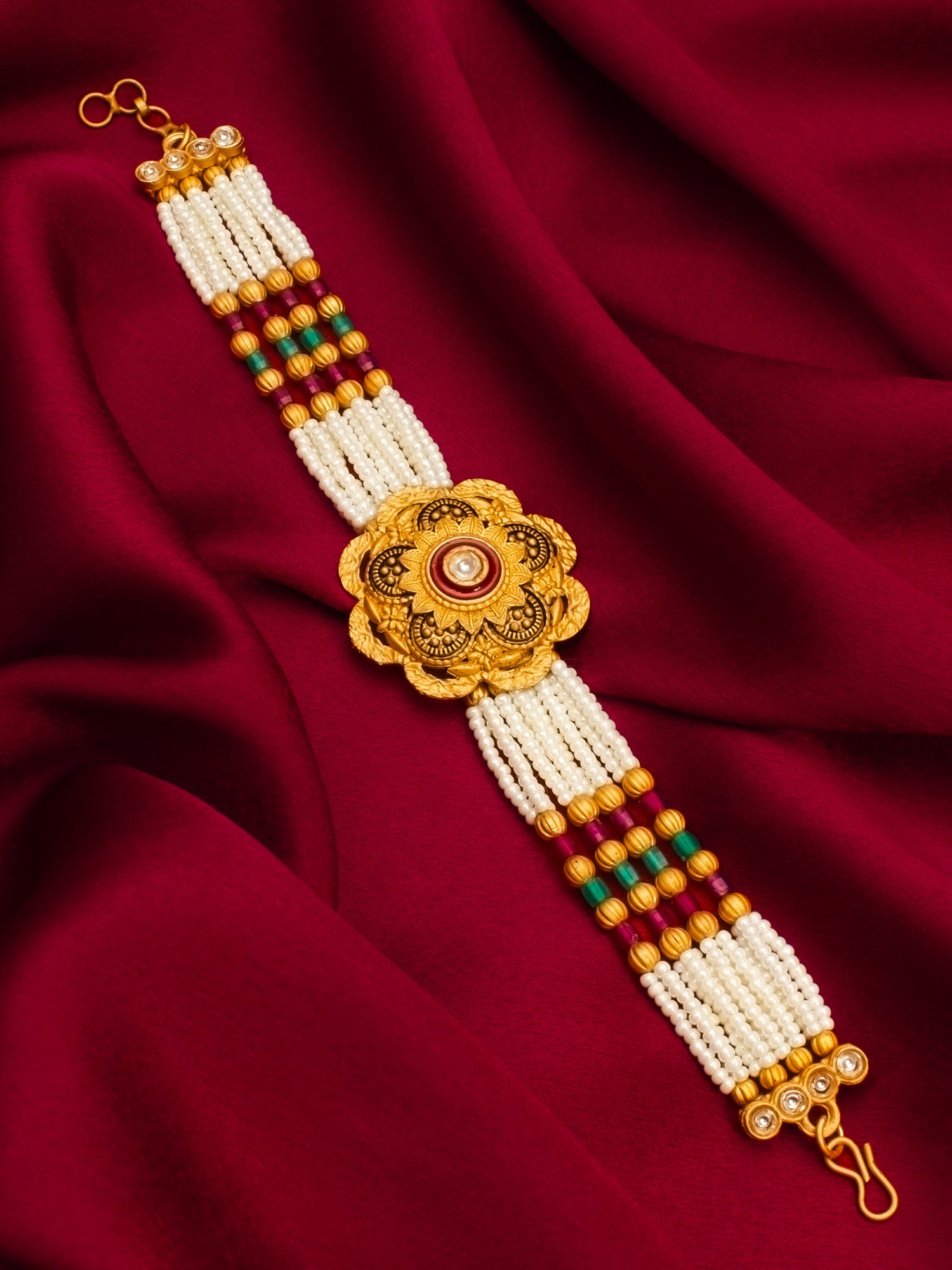 Aadita Premium Pearl Multi-Strand Bracelet with Enamel Floral Motif