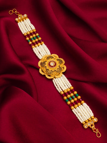 Aadita Premium Pearl Multi-Strand Bracelet with Enamel Floral Motif