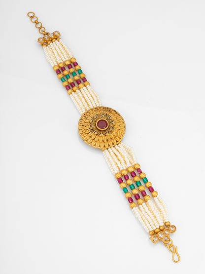 Aadita Heritage Pearl Beaded Bracelet with Sunburst Centerpiece