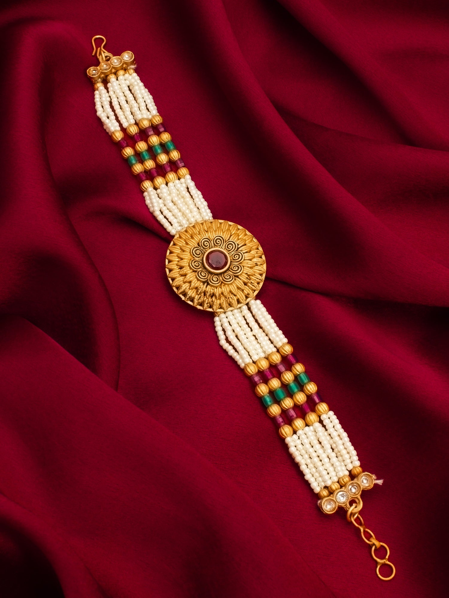 Aadita Heritage Pearl Beaded Bracelet with Sunburst Centerpiece