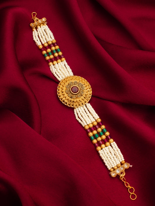 Aadita Heritage Pearl Beaded Bracelet with Sunburst Centerpiece