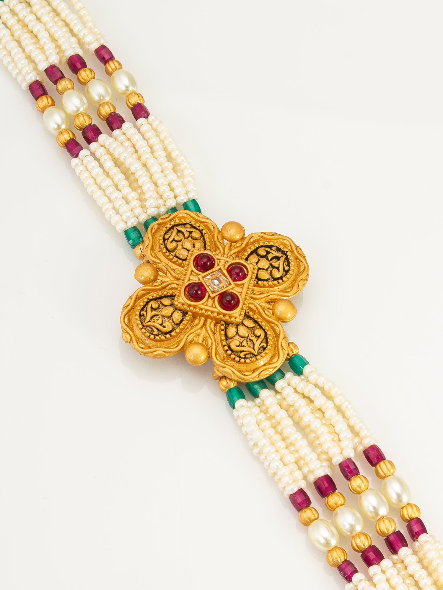 Aadita Regal Pearl and Bead Bracelet with Ornate Clover Centerpiece