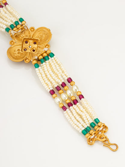 Aadita Regal Pearl and Bead Bracelet with Ornate Clover Centerpiece
