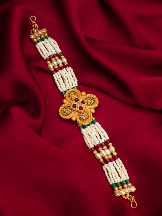 Aadita Regal Pearl and Bead Bracelet with Ornate Clover Centerpiece