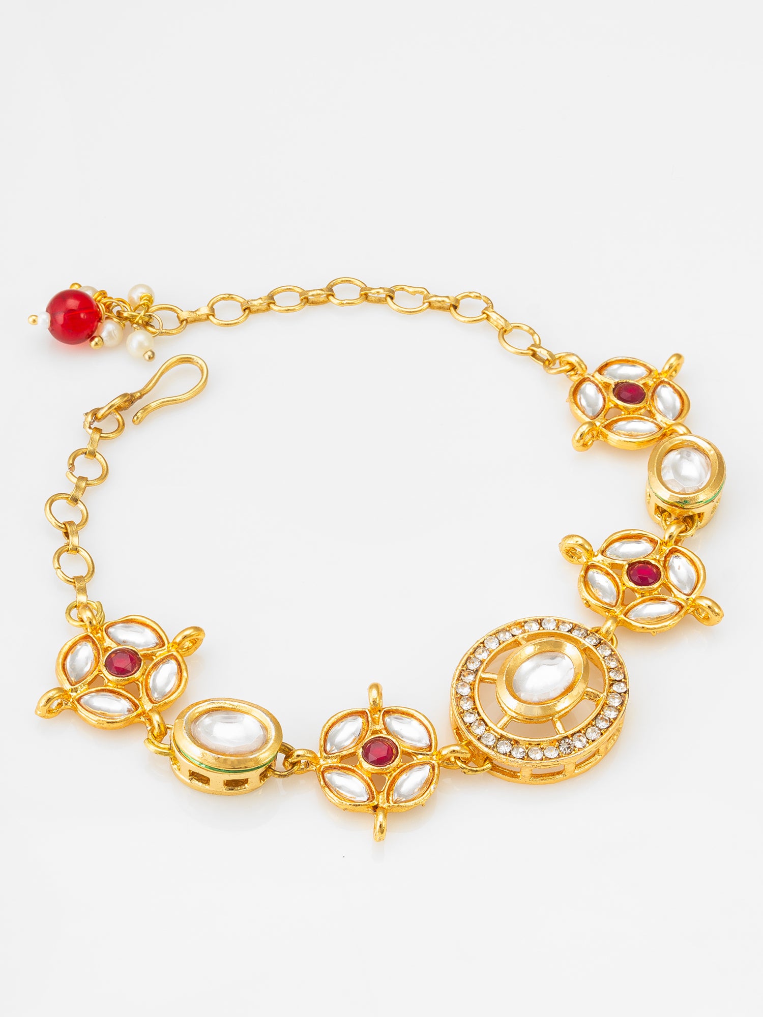 Aadita Traditional Gold Plated Red and White Kundan Studded Bracelet