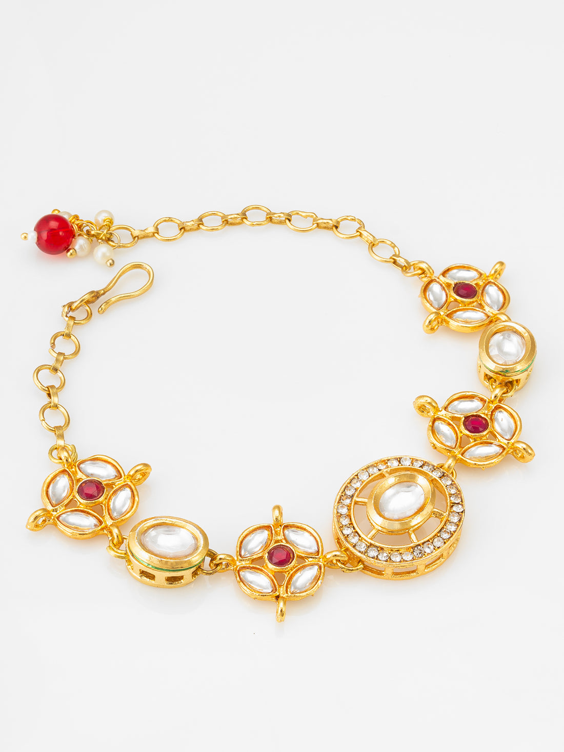 Aadita Traditional Gold Plated Red and White Kundan Studded Bracelet