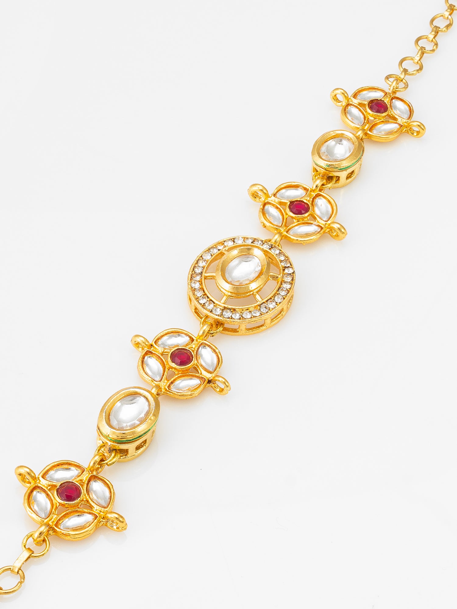Aadita Traditional Gold Plated Red and White Kundan Studded Bracelet