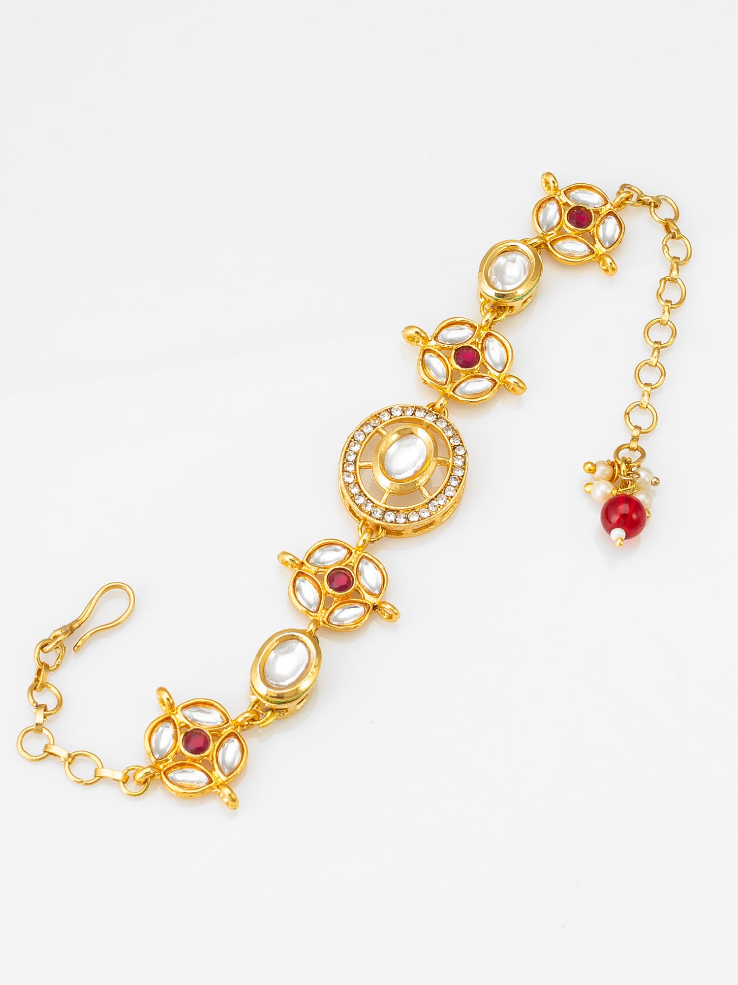 Aadita Traditional Gold Plated Red and White Kundan Studded Bracelet