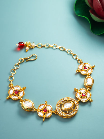 Aadita Traditional Gold Plated Red and White Kundan Studded Bracelet